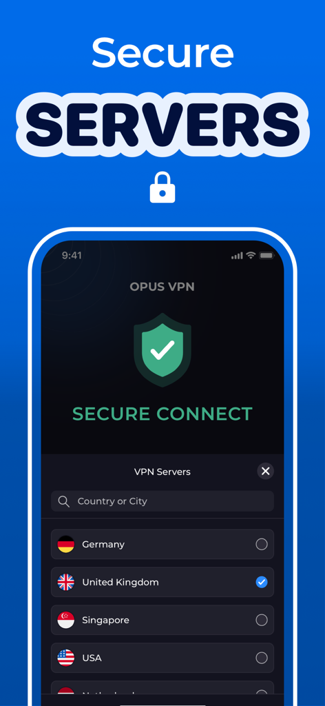 Opus VPN mobile app interface showing a list of secure server locations including United Kingdom and USA