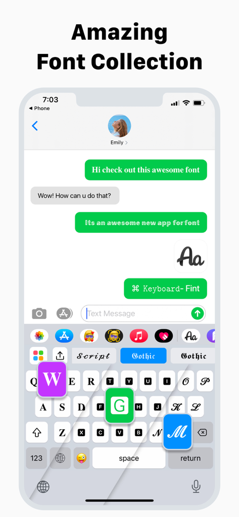 Keyboard Fonts & Emoji Maker - iPhone screen showing a chat with decorative fonts and a custom keyboard extension.