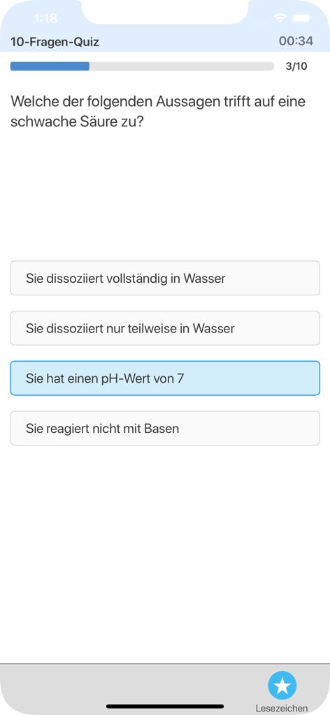Teste dein Chemie-Wissen - 弱酸に関する多肢選択式の質問が表示される化学クイズアプリケーションのインターフェイス。
