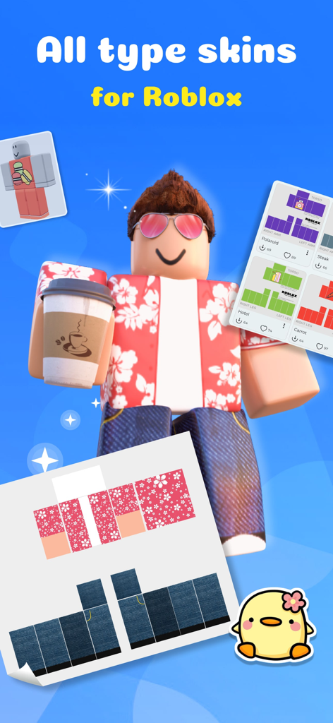 Clothes for Roblox Skins Maker - Custom Roblox avatar wearing a floral shirt and jeans next to shirt and pants design templates.