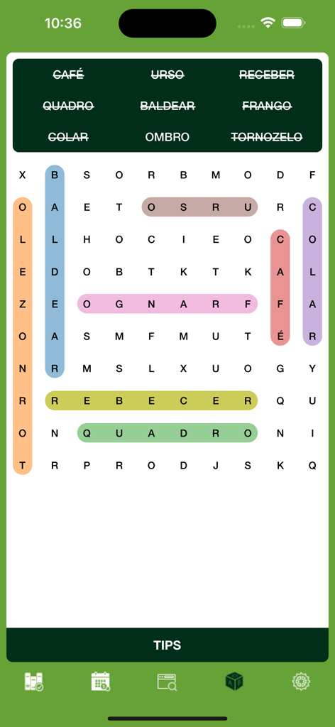 Brazil Word of the Day - Un jeu de recherche de mots dans l'application Brésil Mot du Jour montrant du vocabulaire portugais mis en surbrillance