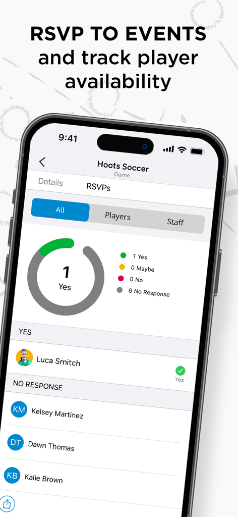 Interfaccia dell'app SportsEngine che mostra lo stato delle conferme di partecipazione dei giocatori e la disponibilità della squadra per una partita di calcio