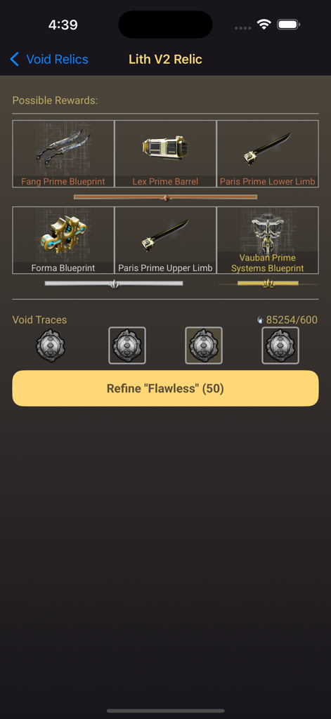 Warframe Companion - Warframe Companion app screen for Lith V2 Relic rewards and refinement