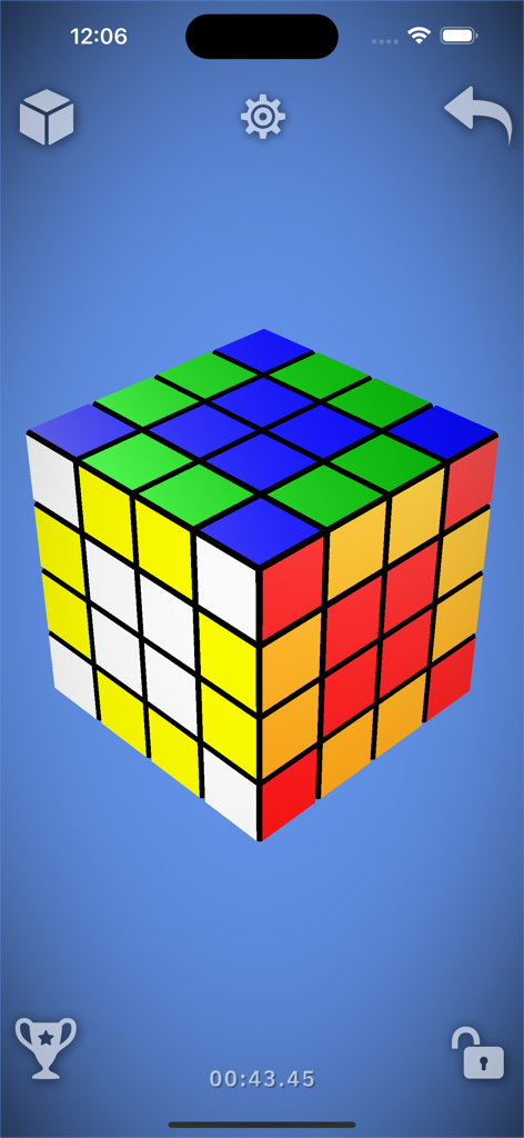 Magic Cube Puzzle 3D - A 3D magic cube puzzle mobile game interface showing a multicolored cube with game controls and a timer