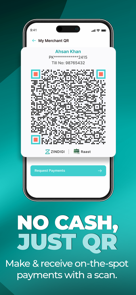 Zindigi - All in One Finance - Mobile app screen for Zindigi displaying a merchant QR code for instant scan-to-pay transactions.