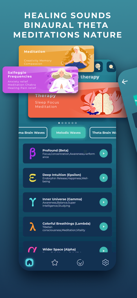 Healing Sounds- Sound Therapy - Interface of the Healing Sounds app showing brain wave frequencies like Beta and Gamma for focus and meditation.