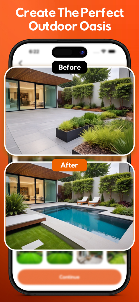 Home Style AI: Interior Design - Vorher-Nachher-Vergleich eines KI-generierten Außendesigns für einen Pool.