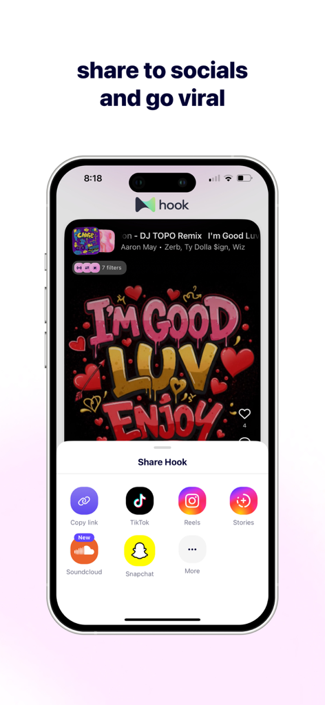 Social media sharing screen in the Hook music remix app showing icons for TikTok Instagram and Snapchat