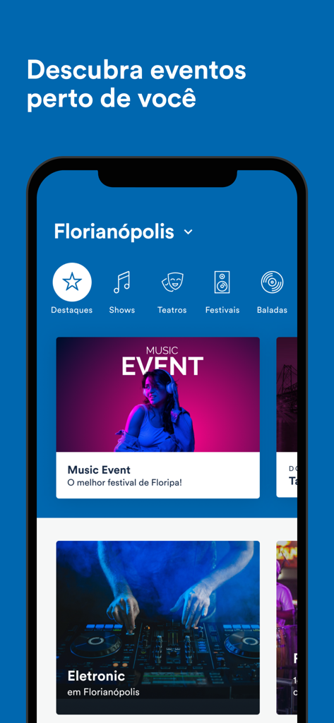 Screenshot of the Blueticket app interface showing event categories and local music event listings