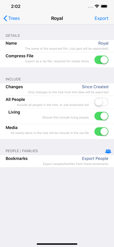 Export-Einstellungen der GedView-App mit Optionen zum Komprimieren von Dateien und zum Einschließen von Medien oder lebenden Personen im Export des Stammbaums.