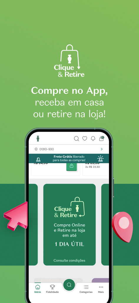 O Boticário - Mobile app screen showing O Boticario Click and Collect service for in-store pickup within one business day.