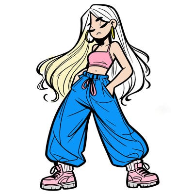 girl in baggy pants crop top and long hair