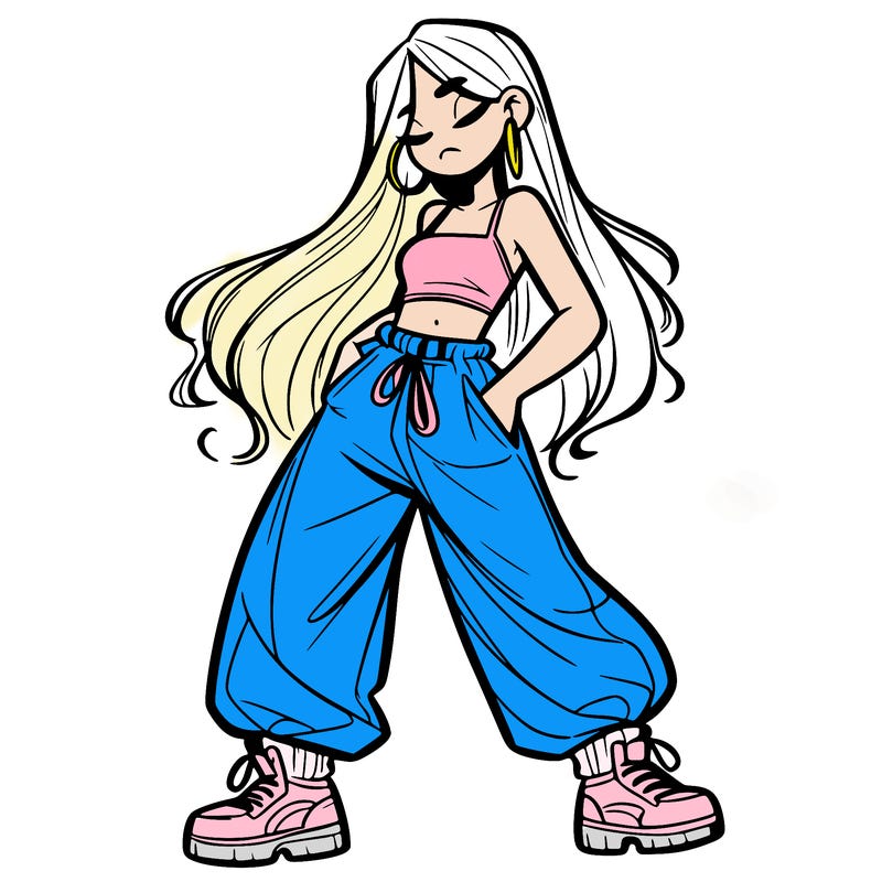 girl in baggy pants crop top and long hair