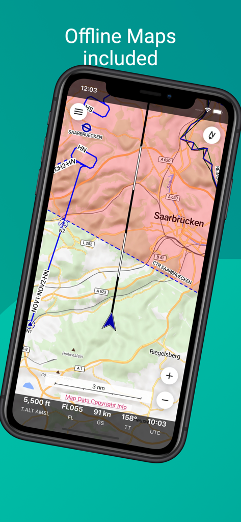 Screenshot der Enroute Flugnavigations-App, der eine detaillierte VFR-Moving-Map mit Offline-Kartenunterstützung zeigt