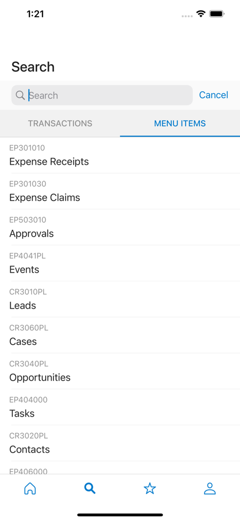Acumatica mobile app search screen displaying menu items like expense receipts approvals and leads