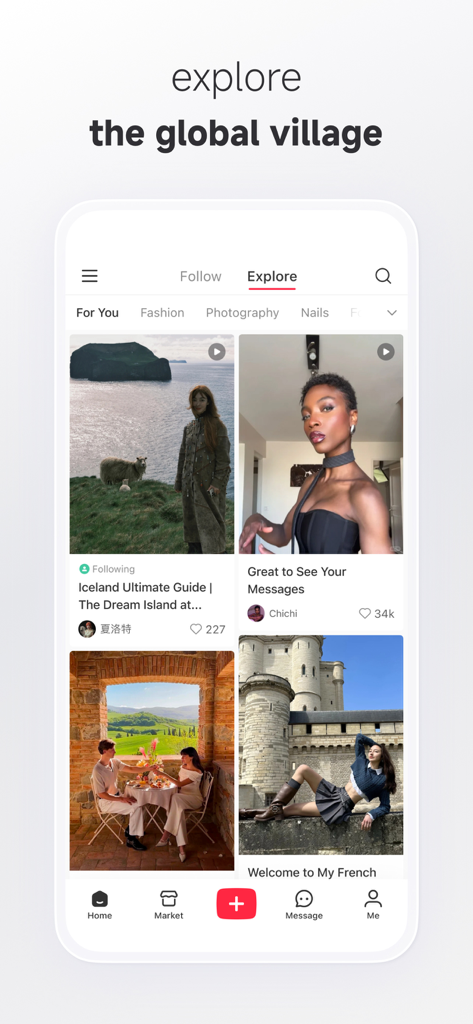 L'écran Explorer de l'application Rednote présente du contenu sur le style de vie et les voyages provenant de la communauté du village global.