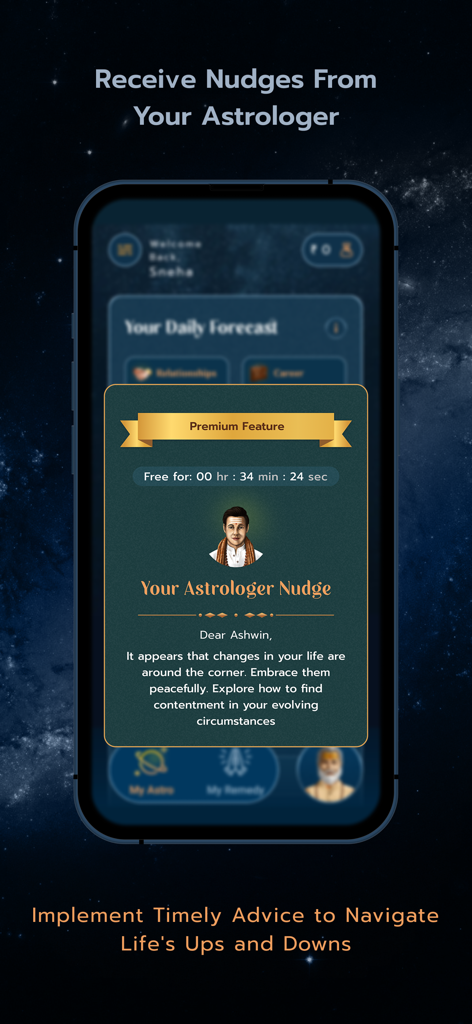 Astro Sadhana: Vedic Astrology - A smartphone screen displaying a personalized astrologer nudge within the Astro Sadhana app offering spiritual guidance