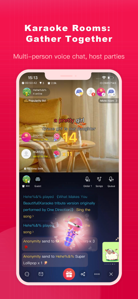 HappyVV mobile app interface showing a multi person karaoke room with lyrics and voice chat