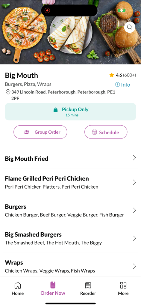 Big Mouth Peterborough - Mobile app interface for Big Mouth Peterborough showing food menu categories for burgers pizza and wraps
