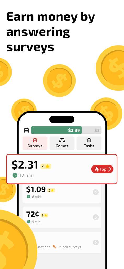 Smartphone displaying AttaPoll app survey list and earning potential with floating gold coins