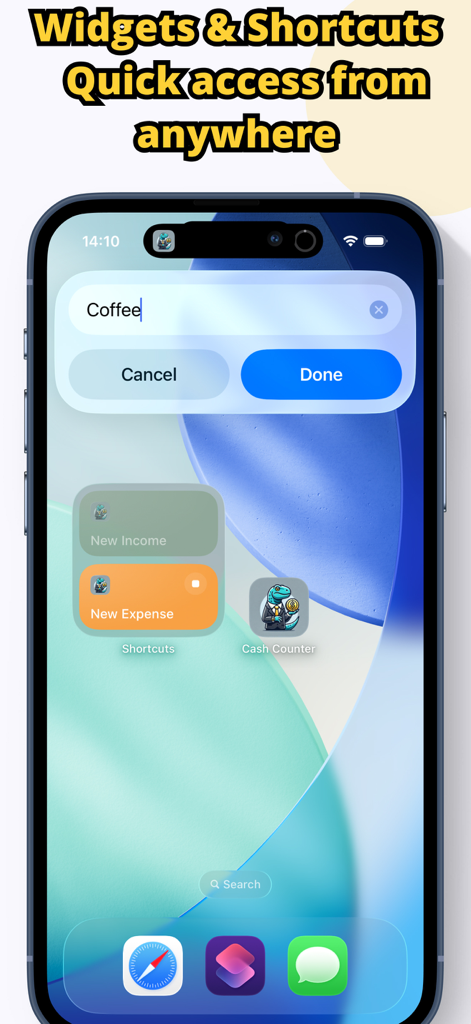 Cash Book: Cash Counter - Pantalla de inicio de iPhone mostrando widgets de la aplicación Cash Counter para una entrada rápida de ingresos y gastos.