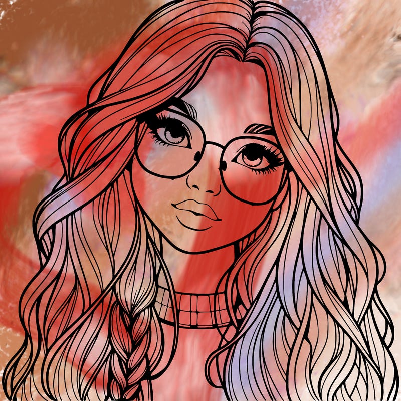 girl with long hair and freckles and glasses realistic