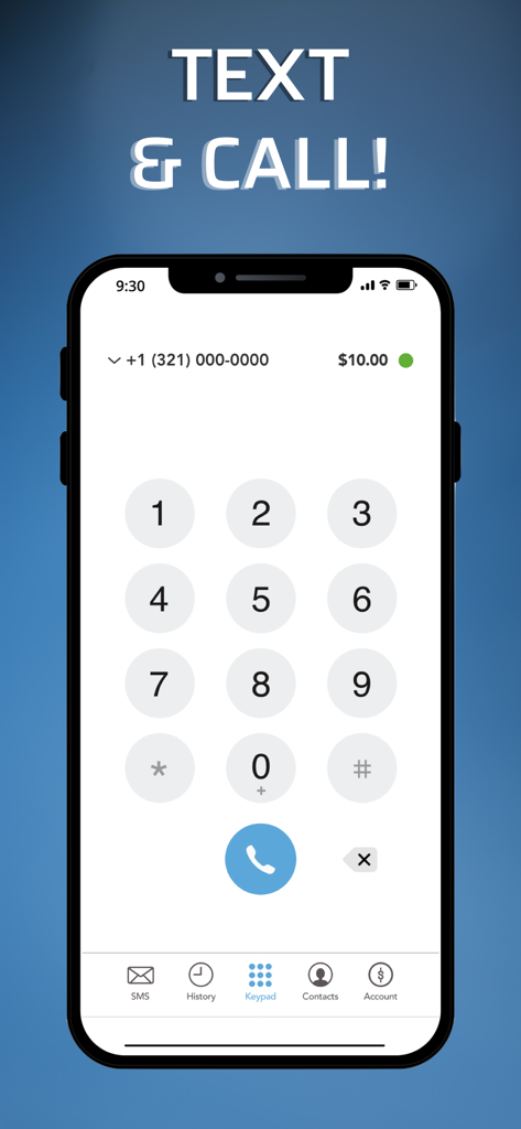 APhone app dialer screen showing the keypad for calling and texting from a second phone number.