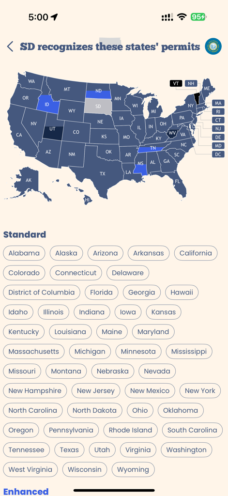 US map in CCWCalc showing reciprocity for South Dakota firearm permits