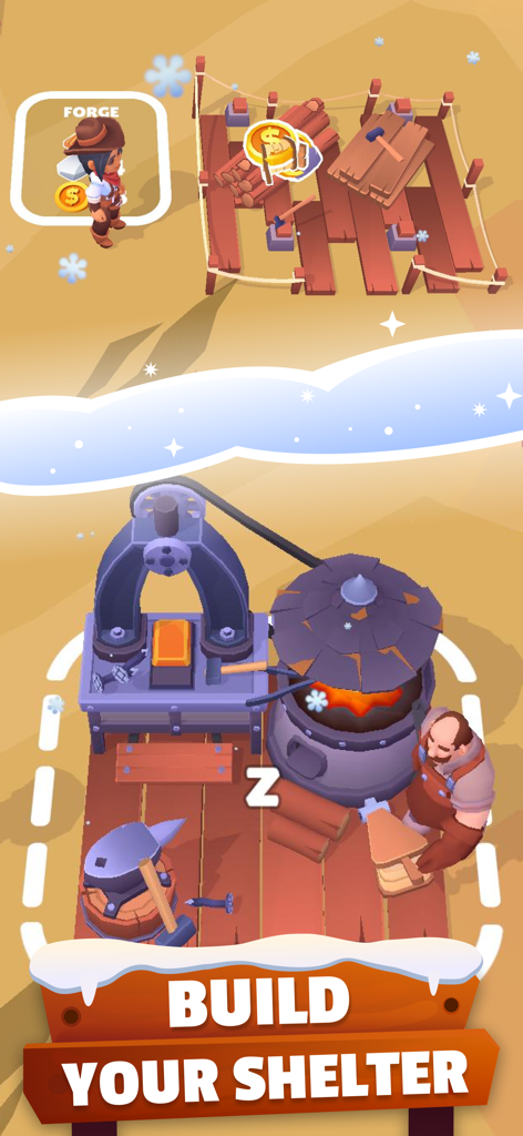 Gold Rush: Frozen Adventures - 눈 덮인 환경에서 대장간에서 대장장이와 함께 쉼터를 짓는 플레이어 캐릭터.