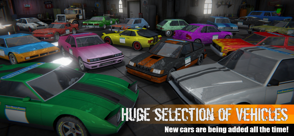 A wide variety of colorful customizable cars in a garage for Demolition Derby 3