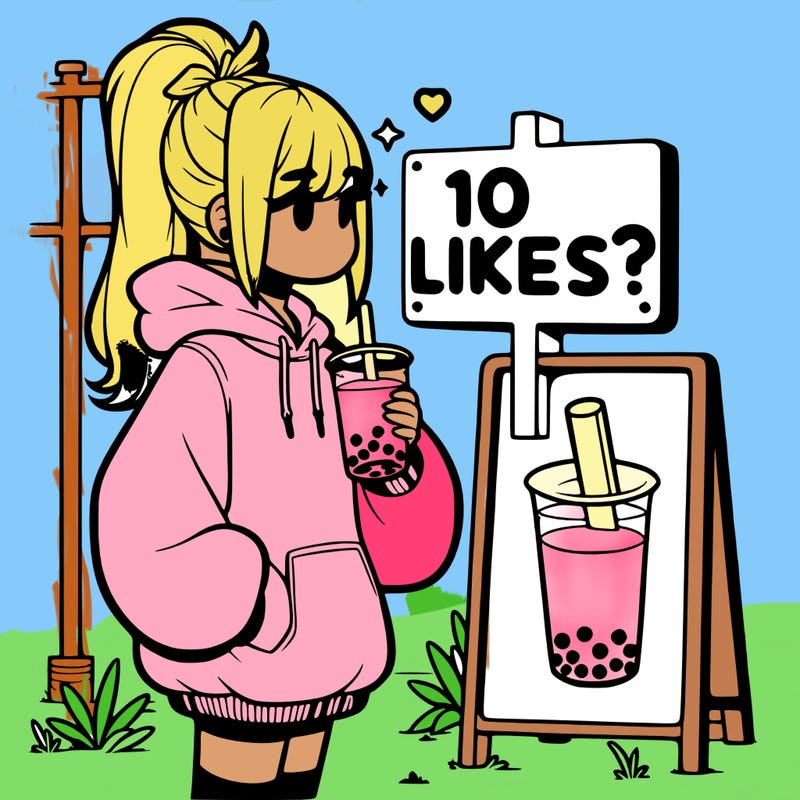 girl with oversized hoodie drinking boba and she has a high ponytail with a sign that says 10likes?