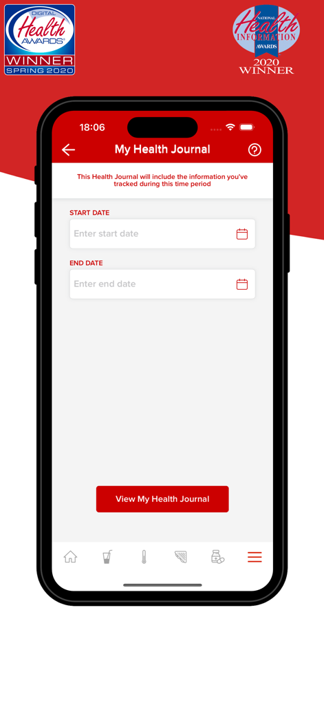Schermata del Journal Sanitario di Blood Cancer United Health con selezione dell'intervallo di date e badge premio.