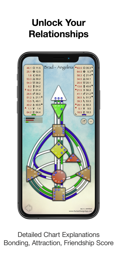 Human Design App - Un grafico composito relazionale nell'App Human Design che mostra spiegazioni dettagliate di legame e attrazione.