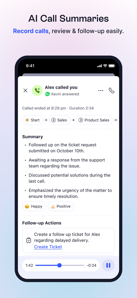 LinkedPhone—Pro Business Line - Interface of the LinkedPhone app showing an AI generated call summary and follow up actions on a mobile device
