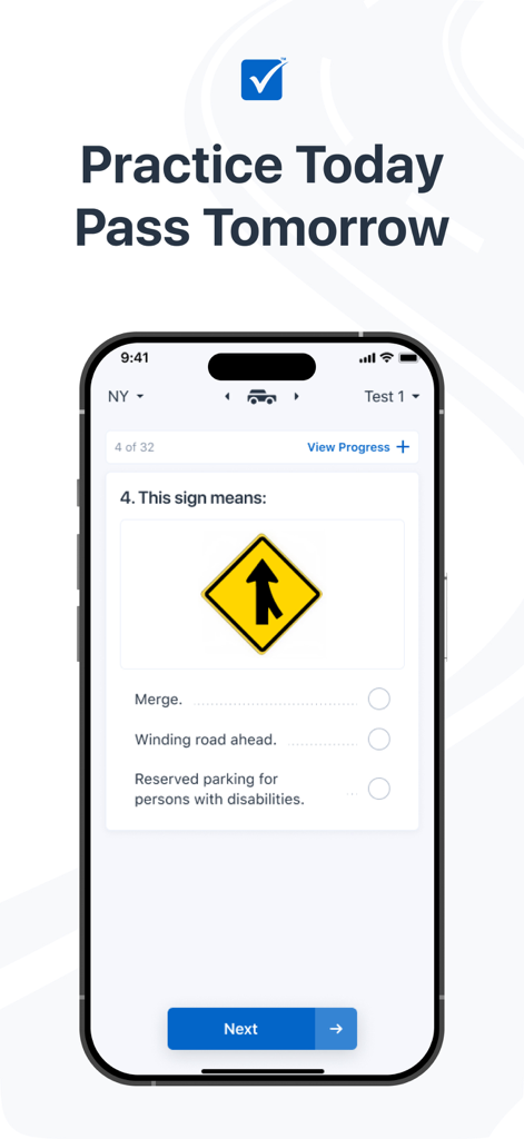 DMV WRITTEN TEST - DMV Written Test app interface showing a practice question about a merge road sign.