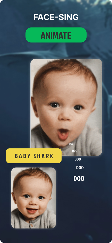 FaceAi - Reface & Dream Face - A screenshot showing the FaceAi app interface for the face-sing feature with an animated baby photo and a button to animate.
