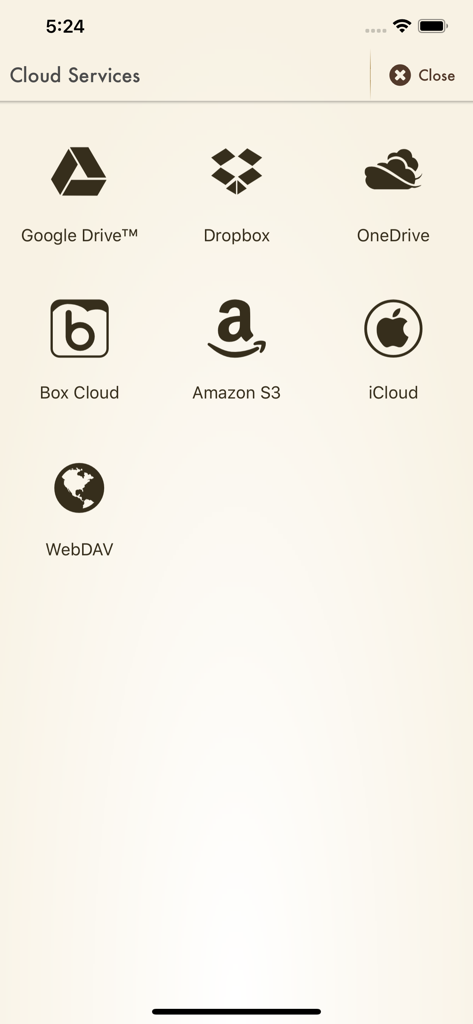 Cloud services menu in Voice Record Pro 7 app showing various storage options like Google Drive and Dropbox