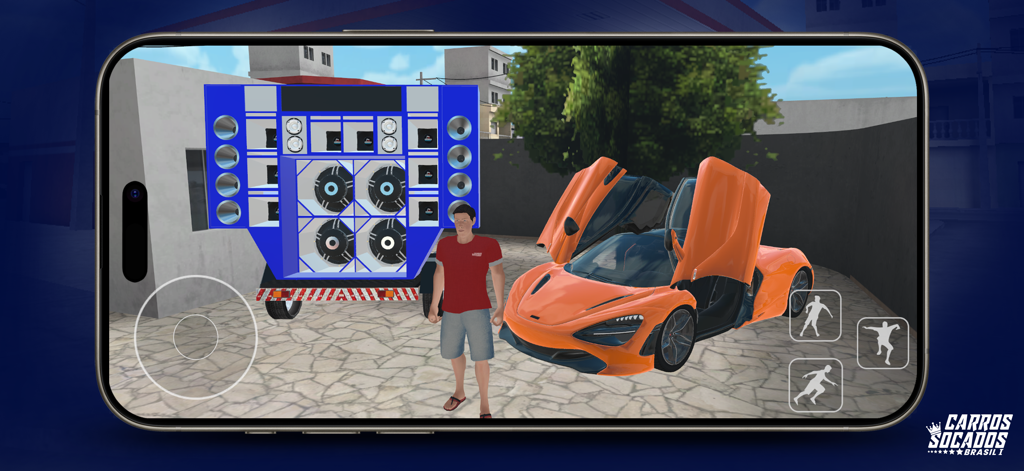 Carros Socados Brasil - Eine Figur steht neben einem orangefarbenen Supersportwagen und einer großen blauen Lautsprecherwand im Spiel Carros Socados Brasil.