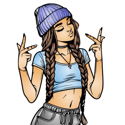 realistic teenage girl with braids and a beanie and crop top doing 🫶🏼
