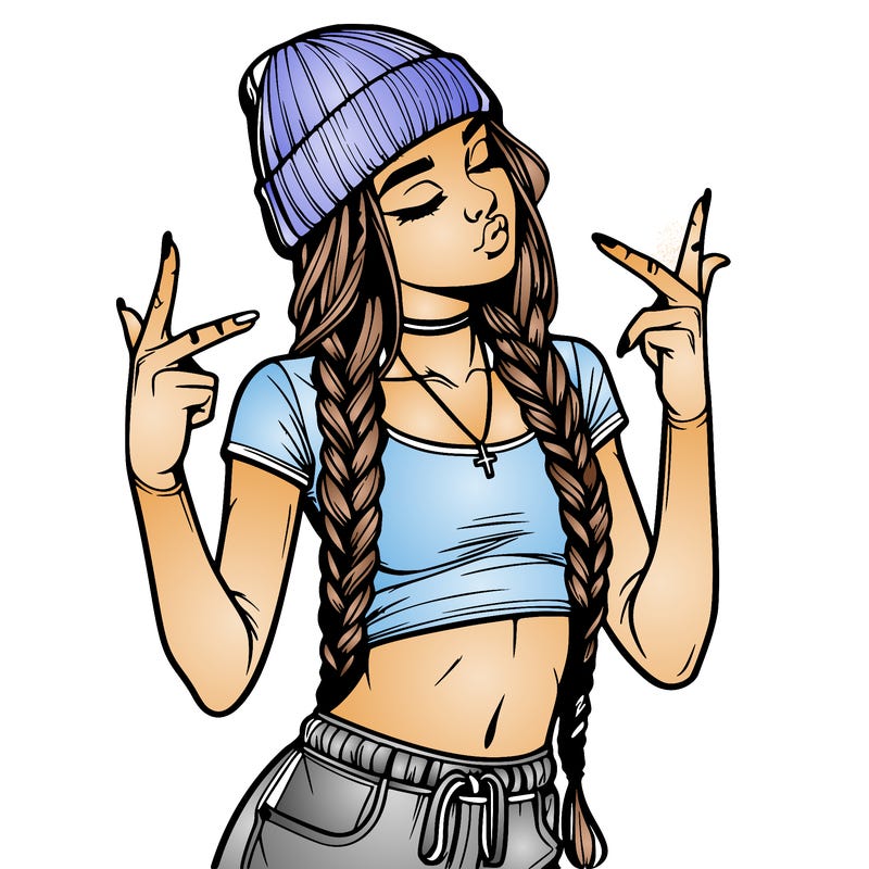 realistic teenage girl with braids and a beanie and crop top doing 🫶🏼