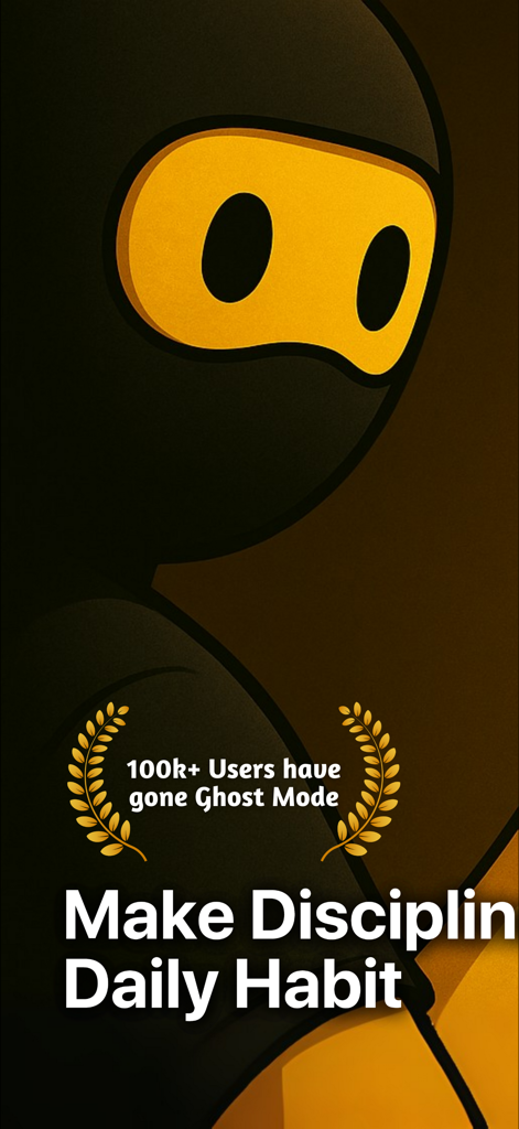 YLAG: Daily Habits Tracker - A stylized character in a mask with text promoting Ghost Mode and making discipline a daily habit on the YLAG app
