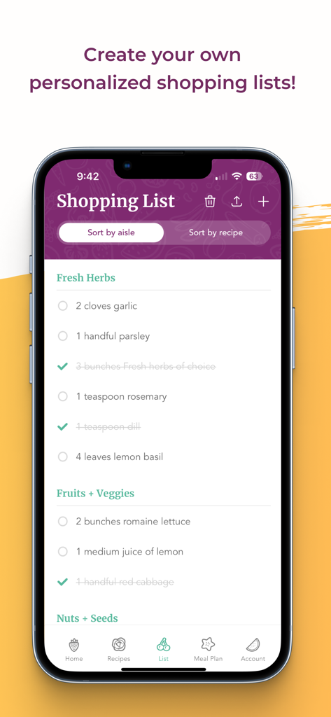 FullyRaw by Kristina - FullyRaw by Kristina app interface showing a personalized grocery shopping list with categories for fresh herbs and vegetables.
