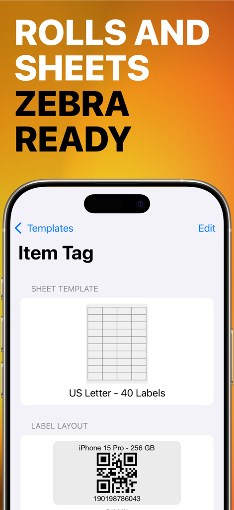 Label Maker - Print Master Pro - Oberfläche der mobilen App, die Etikettenvorlagen für Zebra-Drucker und QR-Code-Artikel-Tag-Layouts anzeigt.