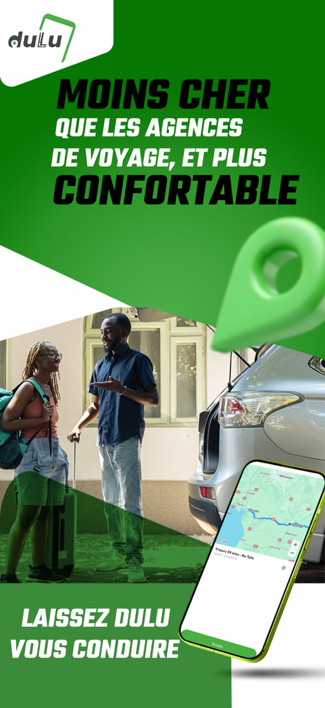 Dulu - Promotional screen for Dulu carpooling app featuring two travelers with luggage next to a car and a mobile map interface.