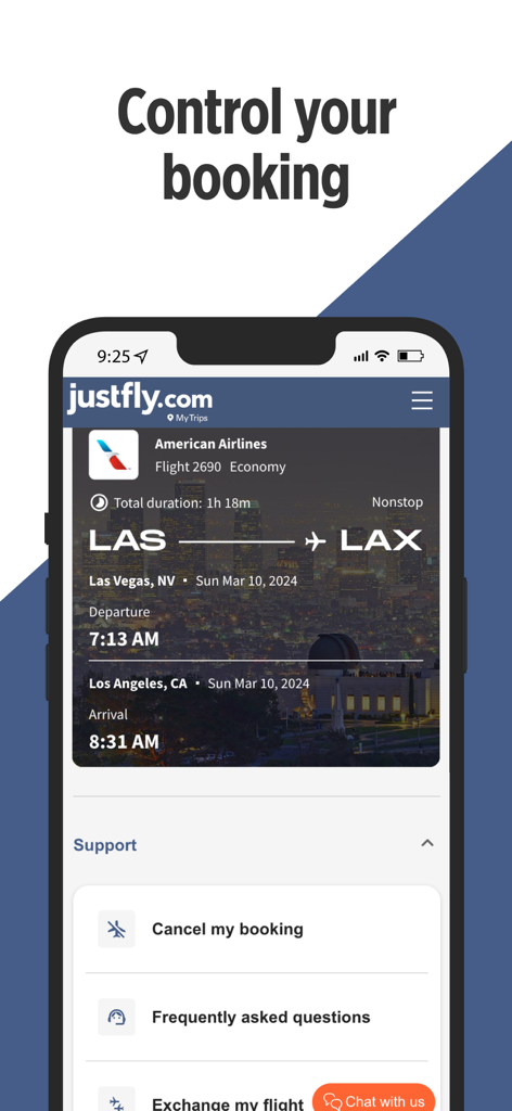 justfly.com: Flights & Travel - フライトの詳細と予約管理サポートオプションを表示するJustflyモバイルアプリの画面