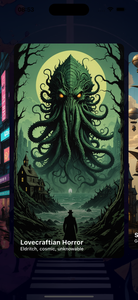 The Pathways - Infinite RPG - A giant green tentacled monster looming over a coastal town in a Lovecraftian horror story path.