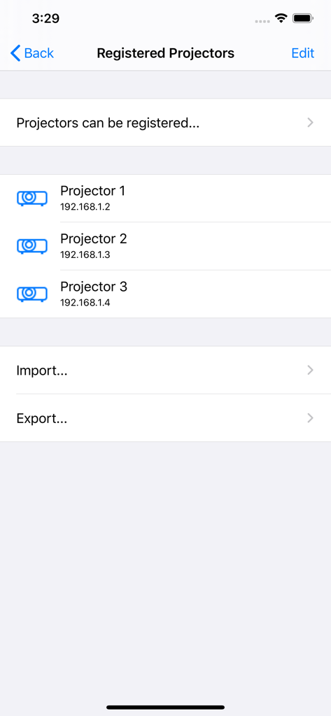 Panasonic Wireless Projector - A list of registered projectors showing device names and IP addresses in the Panasonic Wireless Projector app