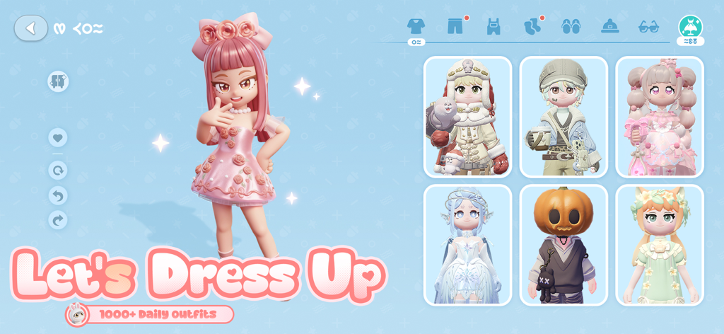Heartopia - Heartopia character customization screen showing various stylish and themed outfits including a pink floral dress and 1000 plus daily outfit options