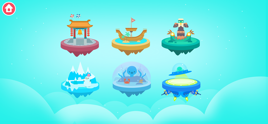 Écran de sélection de niveaux avec six îles flottantes thématiques, y compris des mondes spatiaux, enneigés et sous-marins.