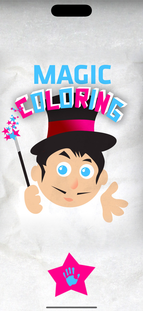 Magic Coloring - Pantalla de bienvenida de la aplicación Magic Coloring con un mago de dibujos animados y un botón de inicio